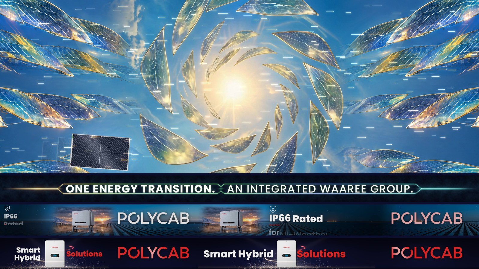 LED screen content for expo: Waaree's Immersive Tunnel and 18 m fascia above Polycab Solar's 23 m LED strip at REI Expo 2026