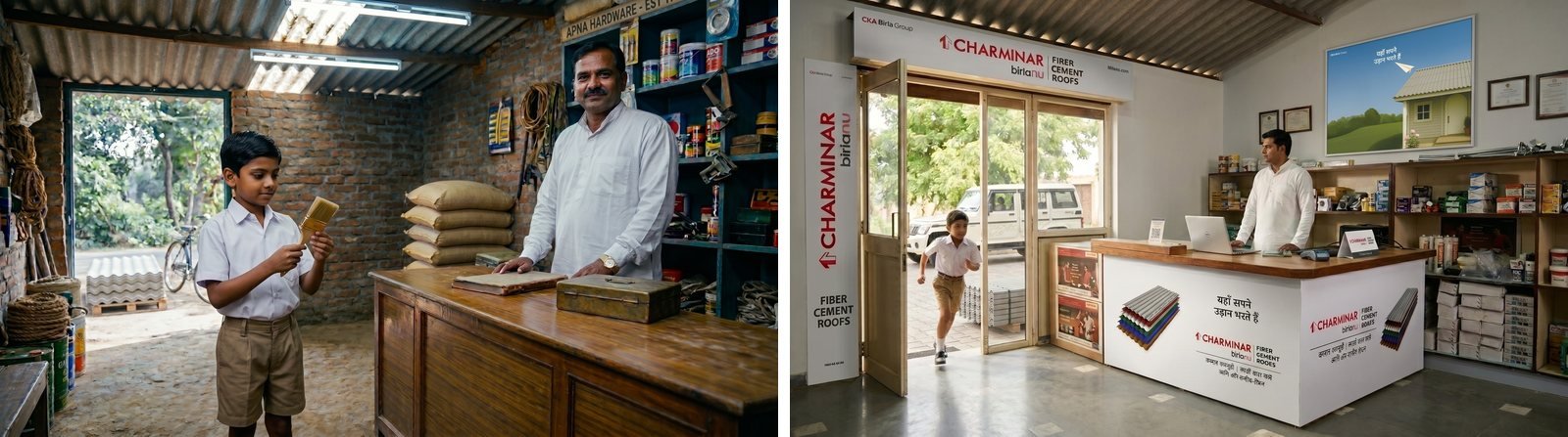 Two key frames side by side: a boy with a shopkeeper in a small old hardware shop, then the grown man at a modern branded CHARMINAR counter