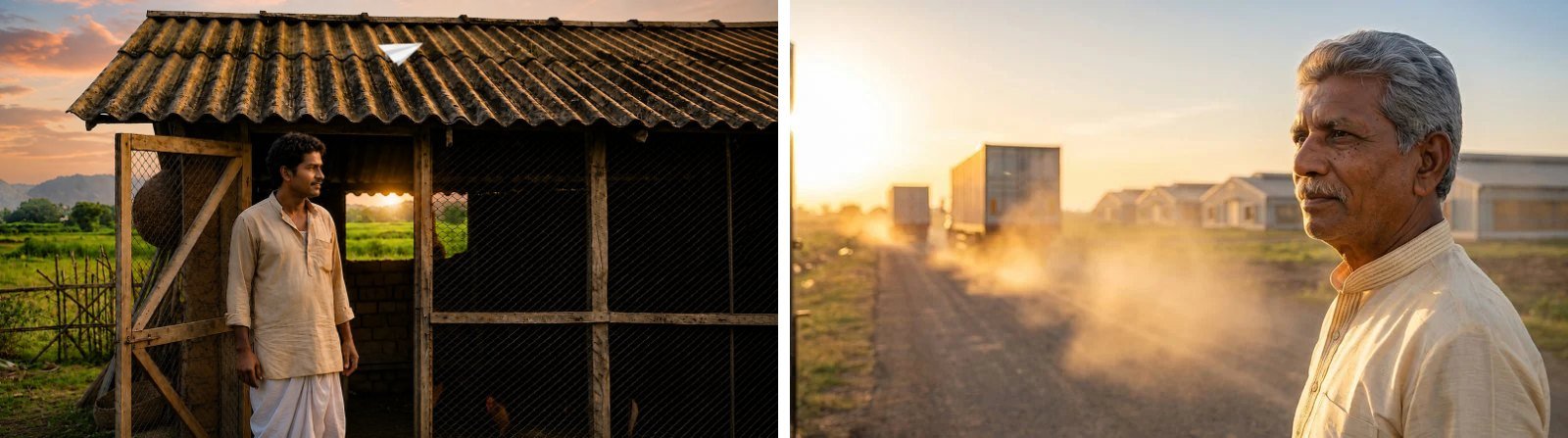Two key frames: a young farmer at his poultry shed under a CHARMINAR roof at sunset, then the same man older as trucks leave the farm