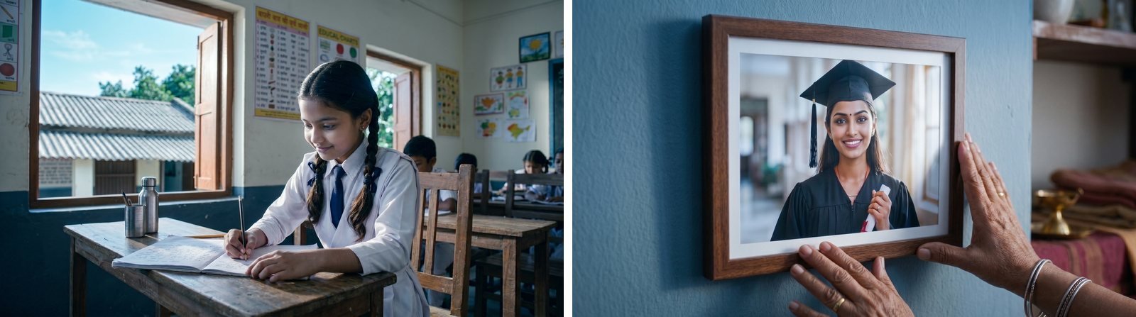 Two key frames: a schoolgirl writing at a classroom desk by a window with roofs outside, then hands hanging her graduation photo on a wall