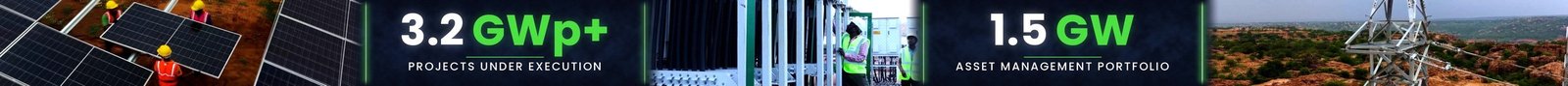 Full-width frame of Waaree's 18 m LED fascia, 6048 x 336 pixels, showing the End-to-End EPC section with project figures