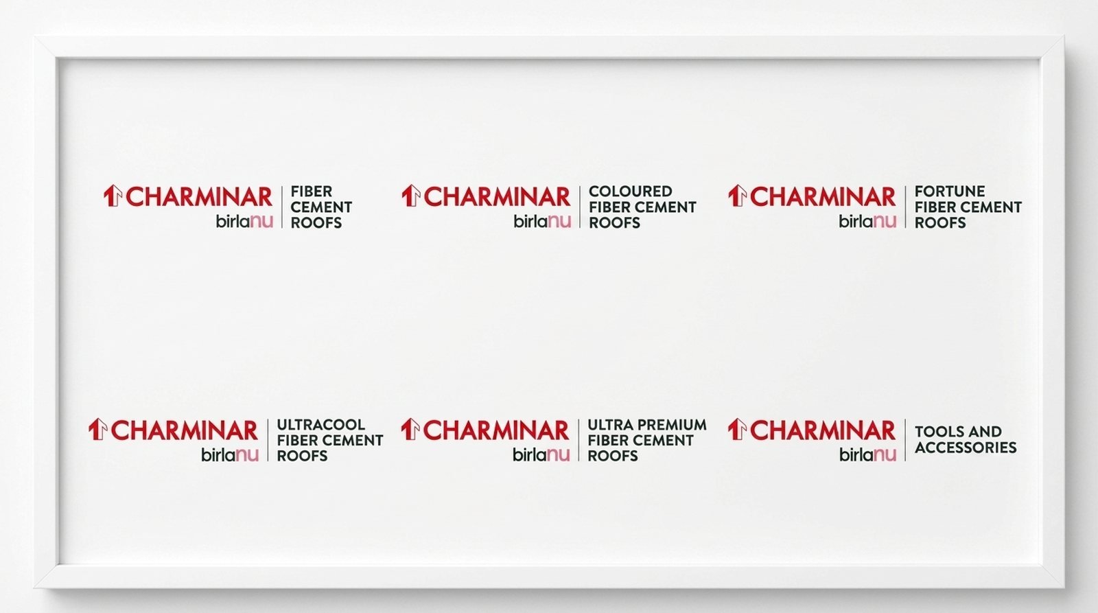 End frame showing the six CHARMINAR birlanu sub-brand logos: Fiber Cement Roofs, Coloured, Fortune, UltraCool, Ultra Premium, and Tools and Accessories