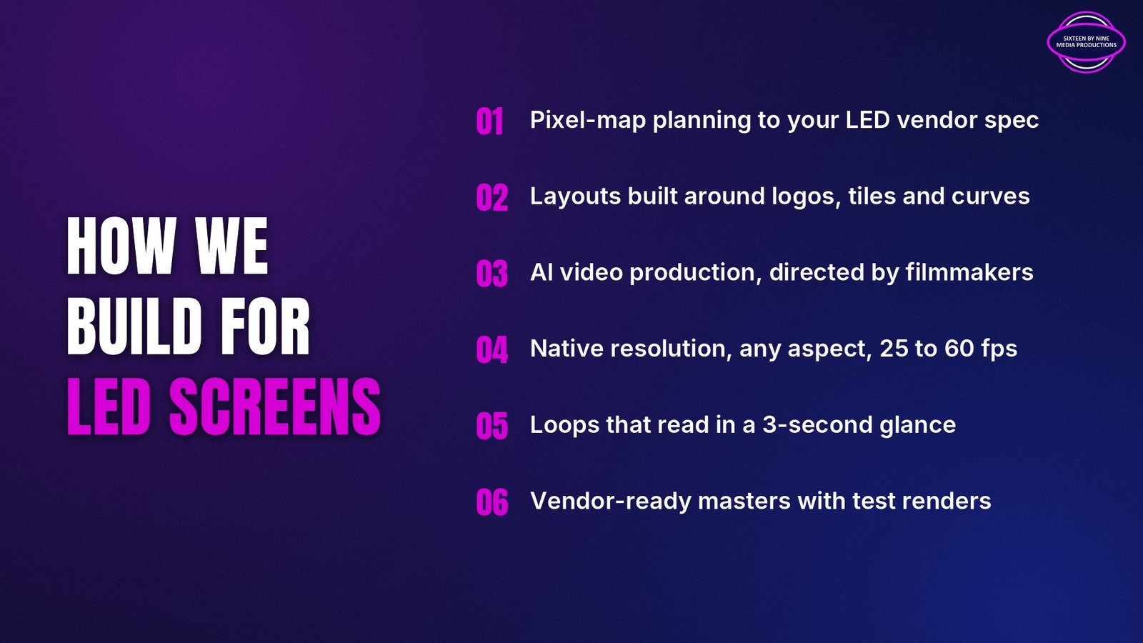 Sixteen By Nine (SBN) Media, how we build for LED screens: pixel-map planning, layouts around logos and curves, native resolution at 25 to 60 fps, vendor-ready masters