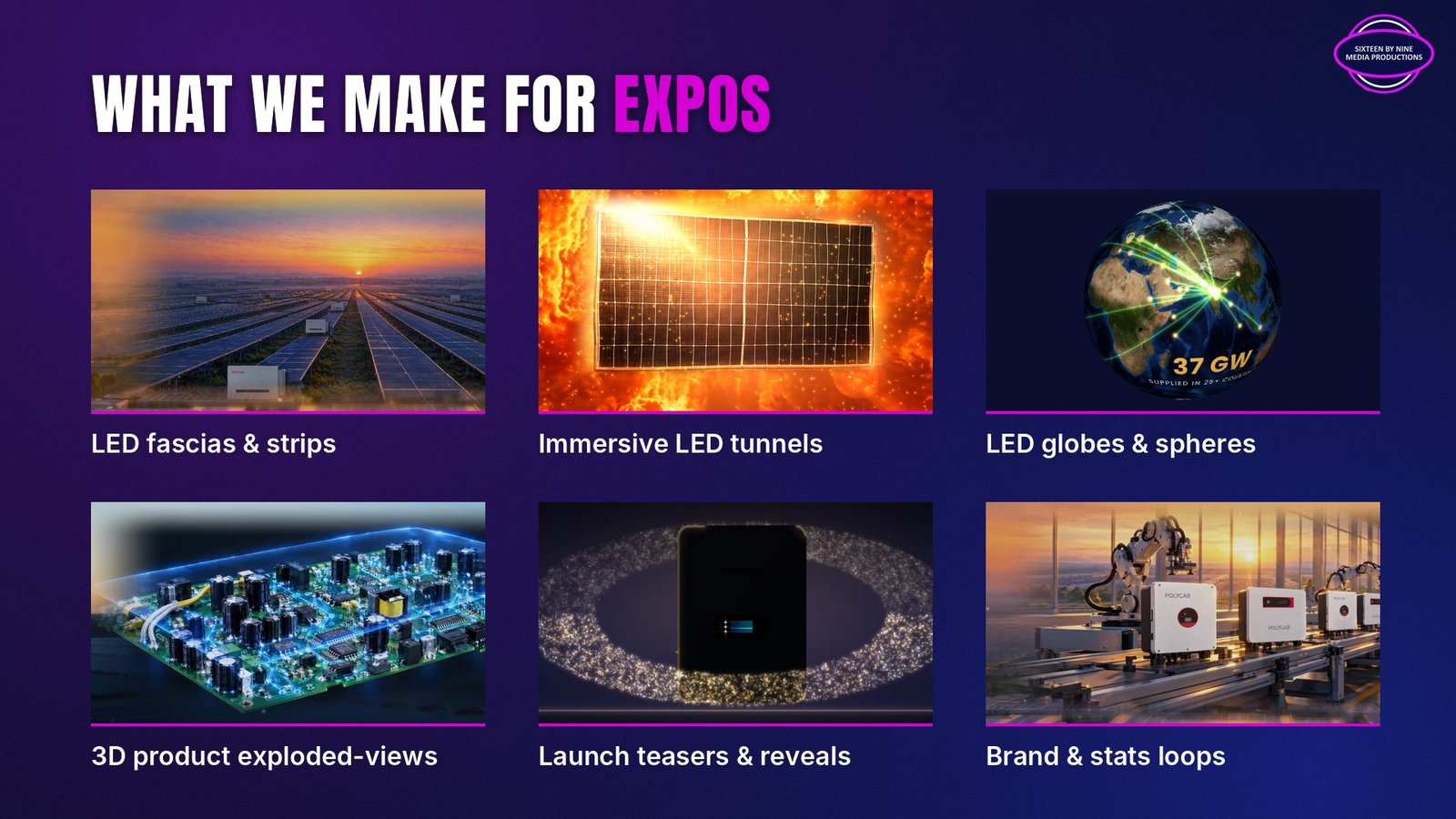 What SBN Media makes for expos: LED fascias and strips, immersive LED tunnels, LED globes, 3D product exploded views, launch teasers and brand stats loops
