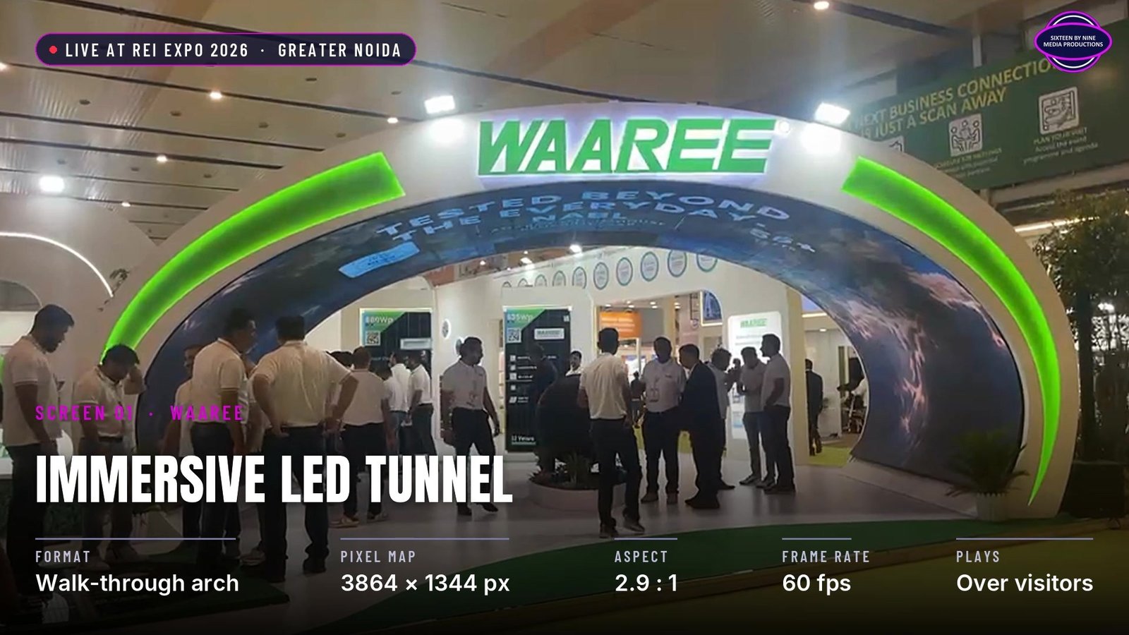 Waaree Immersive LED Tunnel at REI Expo 2026, a walk-through arch at 3864 x 1344 pixels and 60 fps, with visitors and the LED globe inside