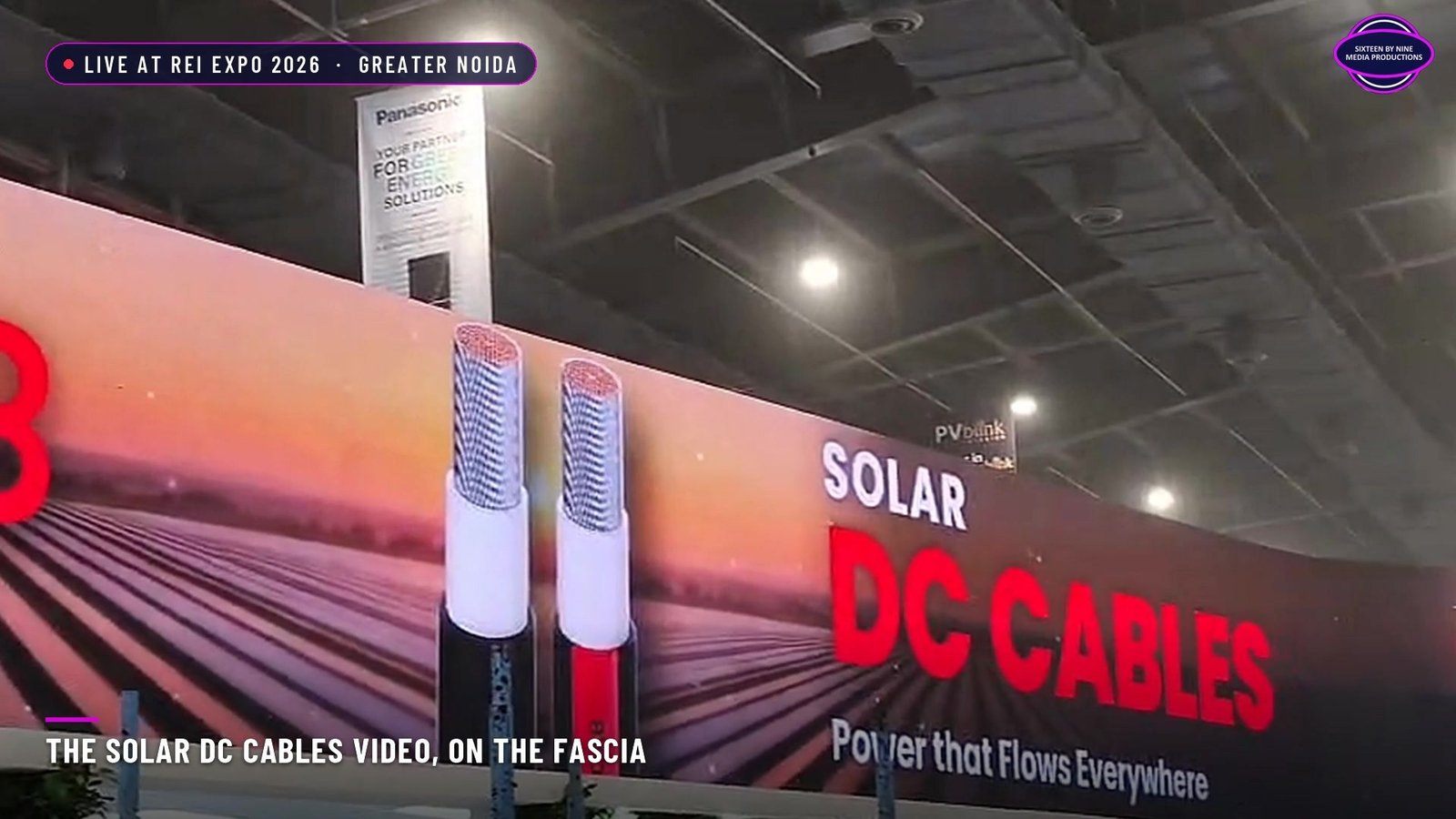 Polycab Solar's Solar DC Cables video playing on the 23 m LED strip at REI Expo 2026