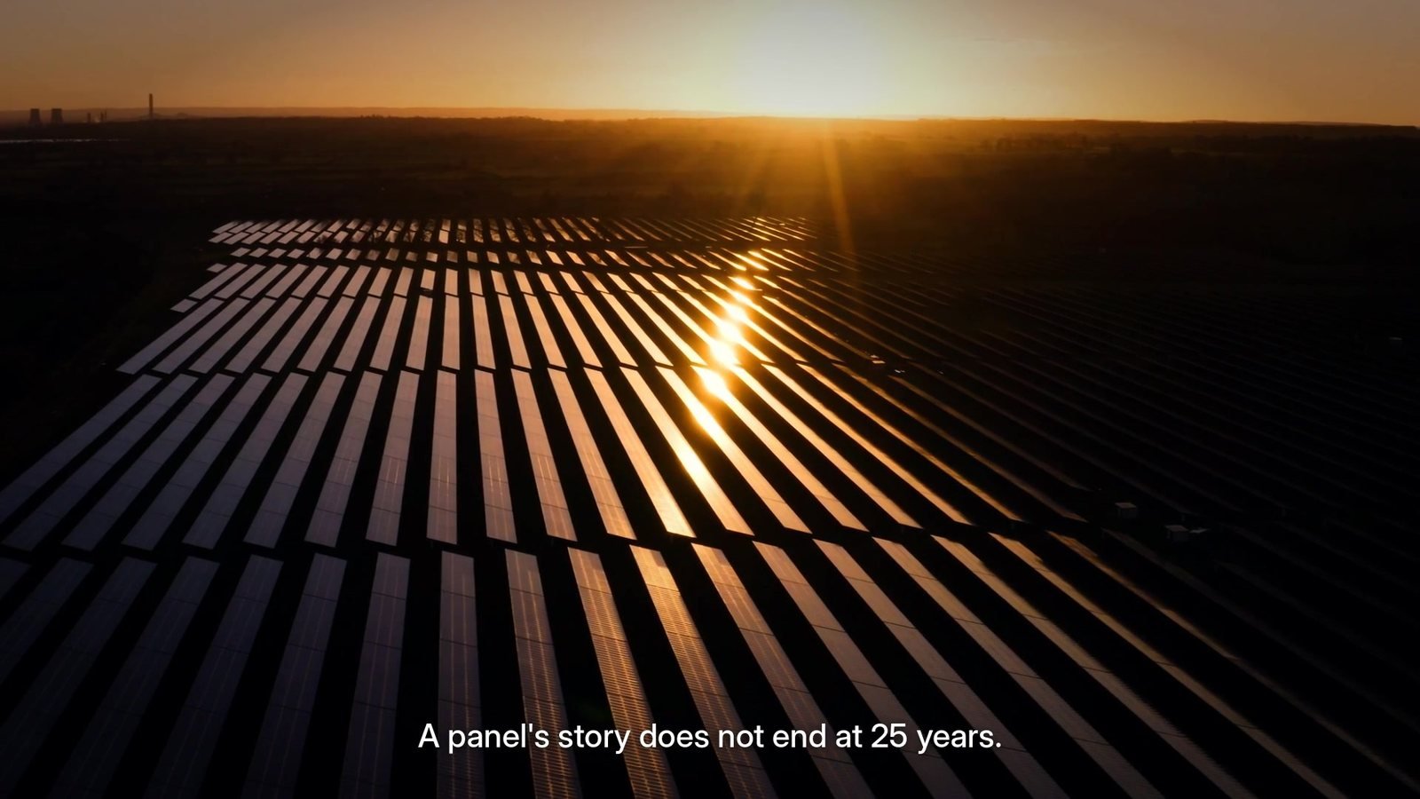 Rows of solar panels at sunset with the line A panel's story does not end at 25 years, from Twenty-Five Summers