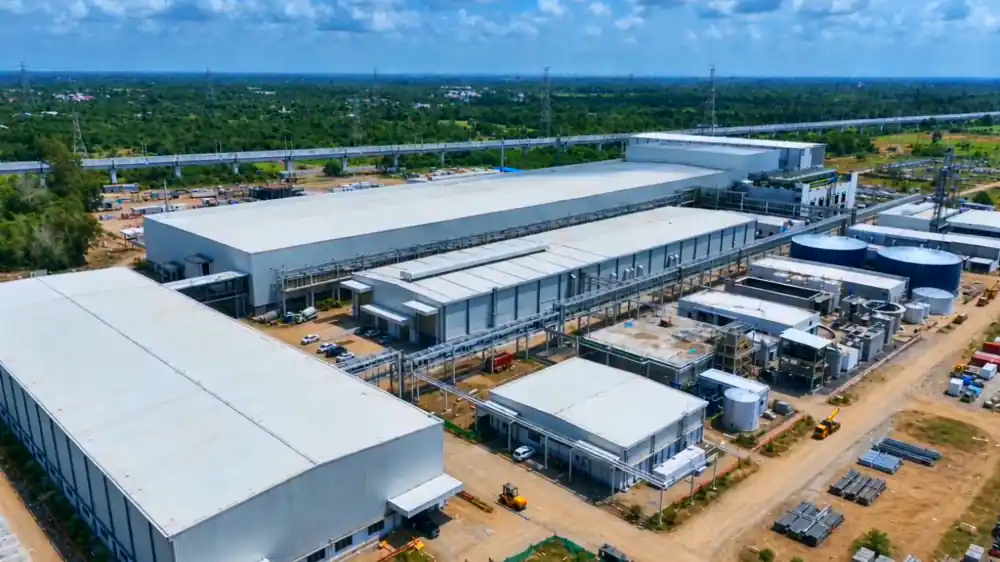 Aerial view of the completed Waaree Li-Cell and BESS plant in Rola, Gujarat